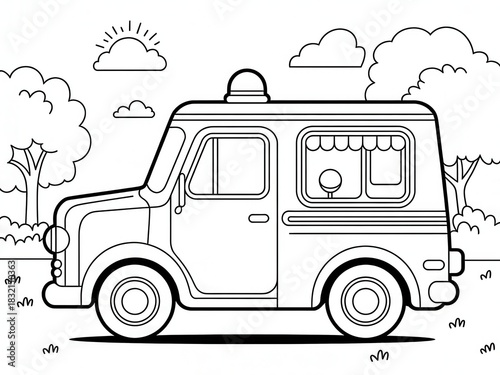 Charming Vintage Ice Cream Truck with Classic Rounded Body Large Hubcap Wheels Parked Near Trees Under Sunny Sky Clouds