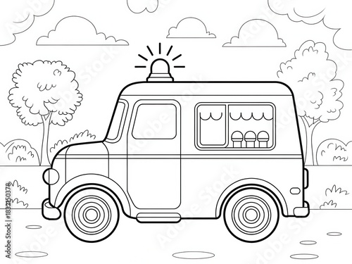 Charming Vintage Ice Cream Truck Line Art Coloring Page with Rounded Body Serving Window Large Hubcap Wheels and Trees