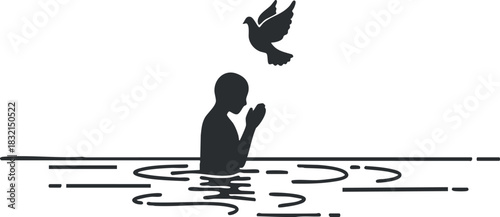 A silhouette of a person meditating in water with a bird flying above in minimalist black and white vector style, ideal for wellness and spirituality themes