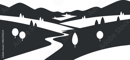 A minimalist black and white landscape illustration featuring rolling hills, winding roads, and trees, ideal for nature-themed projects