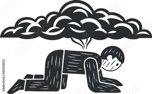 A person crouching under a dark cloud in minimalist black and white vector style, representing stress and emotional burden