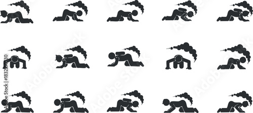 A collection of stress and burnout icons depicting individuals in various positions, in black minimalist vector style, suitable for mental health awareness and wellness projects