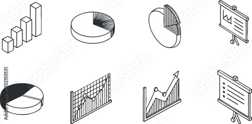 A collection of various financial and analytical charts and graphs in minimalist black and white vector style, ideal for business presentations and reports