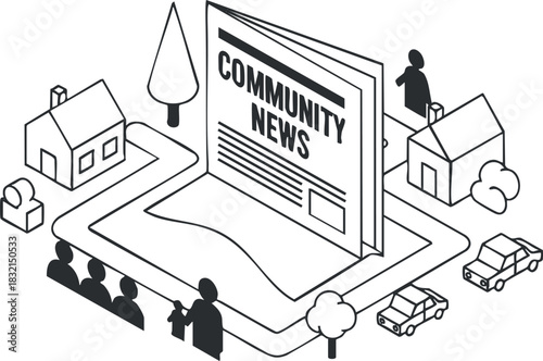 A community news concept featuring a newspaper, houses, trees, and people in black and white vector style, ideal for local media branding