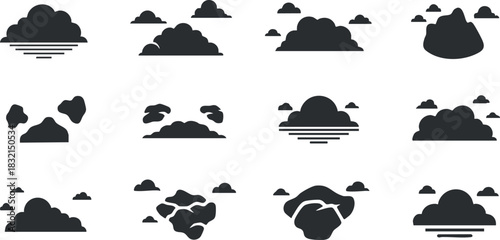 A collection of various cloud shapes and silhouettes in flat black vector style, ideal for weather-related designs