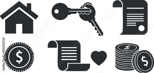 A set of financial and real estate icons including a house, key, documents, heart, and coins in black and white vector style, suitable for finance and property projects