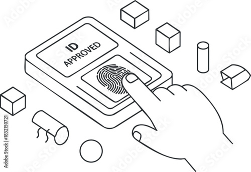 A hand pressing a fingerprint on an ID approval device in minimalist outline vector style, suitable for security and technology applications