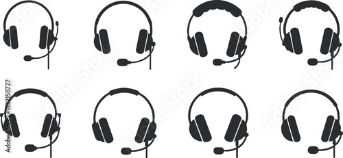 A collection of nine headset icons in black and white minimalist vector style, ideal for technology and communication themes