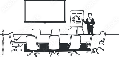 An illustration of a business meeting room with a presenter and a whiteboard in black and white minimalist vector style, ideal for corporate training materials