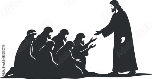 A silhouette illustration of Jesus reaching out to a group of kneeling followers in a black and white style, suitable for religious themes and spiritual designs