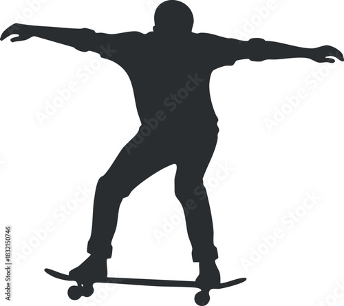 A silhouette of a skateboarder performing a trick in a dynamic pose, in black vector style, suitable for sports branding and marketing