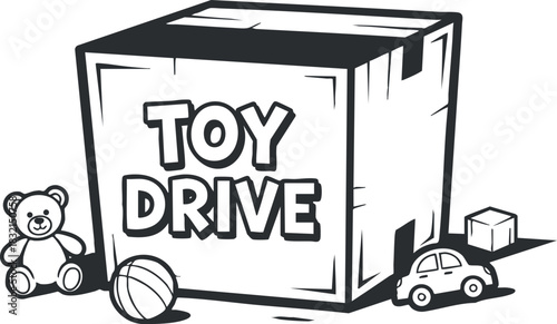 A toy drive donation box with toys including a teddy bear, a car, and a ball in black and white outline vector style, ideal for charity event promotions
