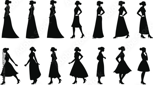 Elegant women silhouettes set in various formal and cocktail dresses and graceful poses