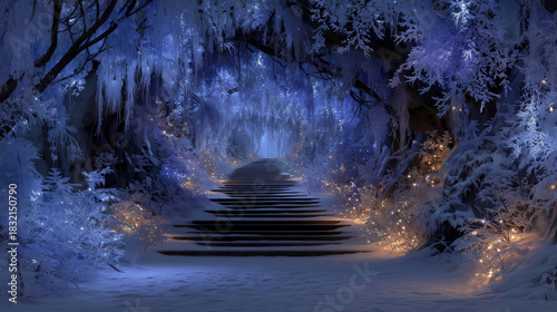 Magical winter pathway leading into a sparkling frost-covered forest illuminated by soft glowing lights