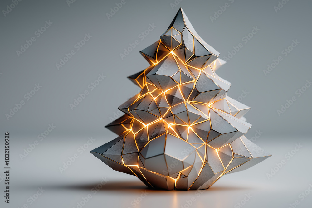 Fototapeta premium Sapin de Noël abstrait et conceptuel, composé de formes géométriques éclairées par des lumières LED dorées. Décoration de fête minimaliste, design moderne et élégant sur fond gris uni