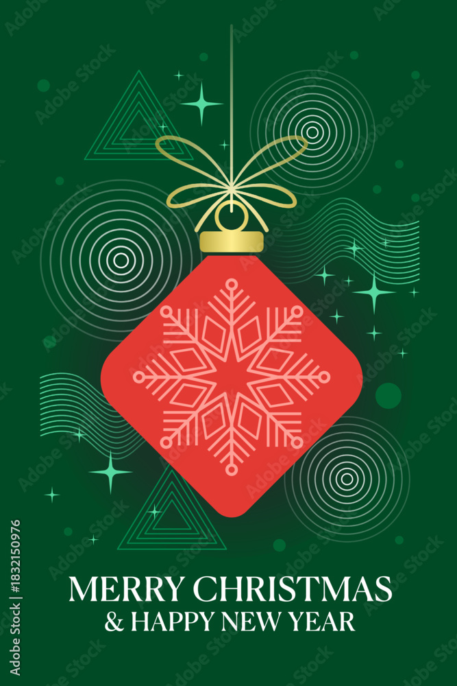 Obraz premium Merry Christmas and Happy New Year greeting card vector eps. Luxury invitation with Christmas light ball, sparkle, spot texture on green background. Design illustration for season's card, ads