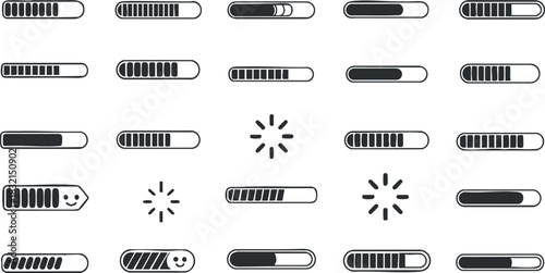 A collection of loading progress bars and indicators in minimalist black and white vector style, ideal for web and app design
