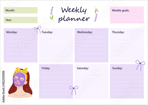 Weekly planner with structured layout for all weekdays, goals. Vector design for productivity, digital planners, printable schedules, work planning, student organization, routine tracking.
