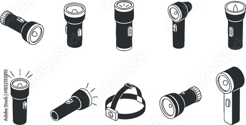 A collection of various flashlight designs in black and white outline vector style, ideal for outdoor gear and safety equipment branding