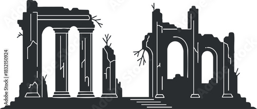 A set of ancient ruins with columns and arches in black and white vector style, suitable for historical and architectural designs