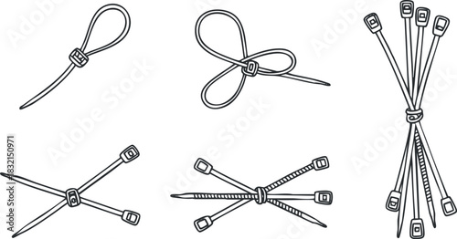 A collection of various zipper designs in black and white outline vector style, suitable for fashion and textile illustrations