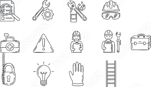 A collection of construction and safety icons in black and white outline vector style, suitable for industrial design projects