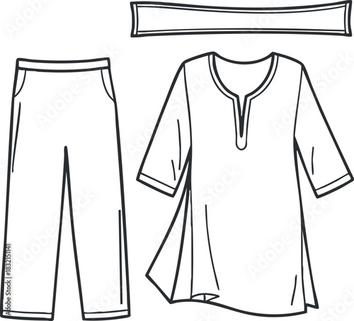 A casual outfit featuring a loose-fitting top and pants in a minimalist outline vector style, ideal for fashion design projects
