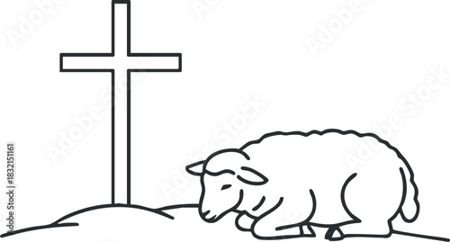 A sheep resting peacefully beside a cross in minimalist outline vector style, ideal for religious and spiritual designs