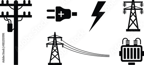 Black silhouette icons representing electricity and power transmission infrastructure energy pylon
