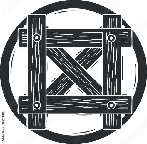 A wooden cross structure inside a circular frame in black and white vintage vector style, ideal for rustic branding and design