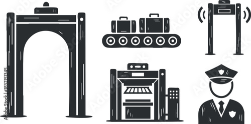 A set of security checkpoint icons featuring luggage scanners, gates, and a guard in black and white vector style, suitable for airport safety design
