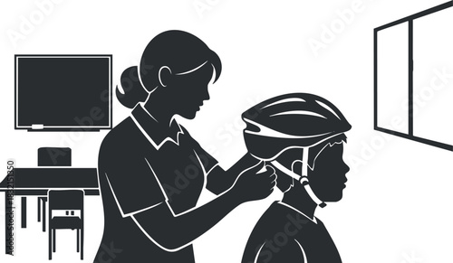 A teacher helping a student put on a bicycle helmet in a black and white vector style, ideal for educational materials on safety