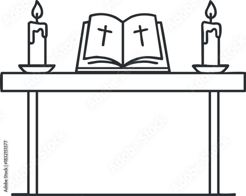 An altar with an open Bible and candles in minimalist outline vector style, suitable for religious themes and worship designs