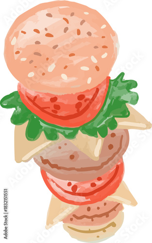 Hand-Drawn Watercolor Maxi Cheeseburger with Steak Cheese