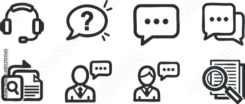 A set of customer service and communication icons in black and white outline style, ideal for business and technology projects