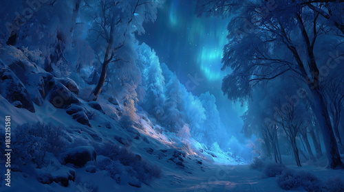Explore a magical winter wonderland illuminated by auroras in a serene, snow-covered forest at nighttime