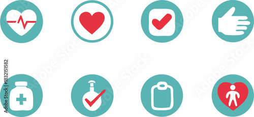 Assortment of health and medical icons in a teal and red color palette Keywords: health, medical, icons, teal, red, heart, pulse, check mark, hand