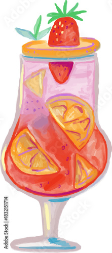 Hand-Drawn Watercolor Exotic Red and Pink Hurricane Cocktail
