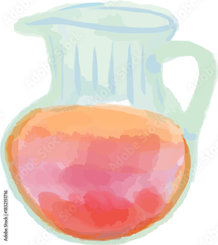 Hand-Drawn Watercolor Punch Cocktail Drink in Large Pitcher