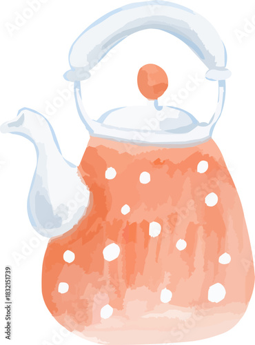 Hand-Drawn Watercolor Red Polka Dot Retro Tea Kettle