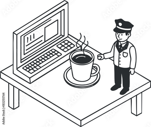 A cartoon office worker standing next to a computer with a coffee cup on a table in black and white minimalist vector style, suitable for workplace illustrations