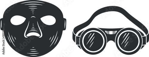 A collection of a facial mask and goggles in black and white outline vector style, suitable for health and safety projects
