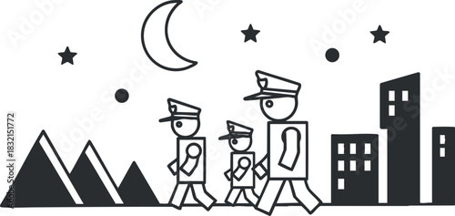 A set of cartoon police officers walking through a cityscape with pyramids under a night sky in black and white outline vector style, ideal for creative projects and illustrations