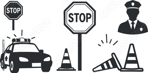 A collection of police icons featuring a patrol car, stop signs, traffic cones, and a police officer in black and white vector style, ideal for safety and law enforcement designs