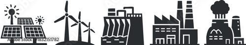 A set of renewable energy icons including solar panels, wind turbines, and industrial buildings in black and white vector style, suitable for environmental and energy-related projects