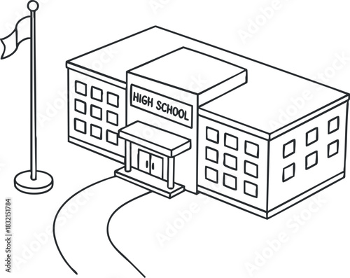 A high school building with a flag in black and white outline vector style, ideal for educational resources and design