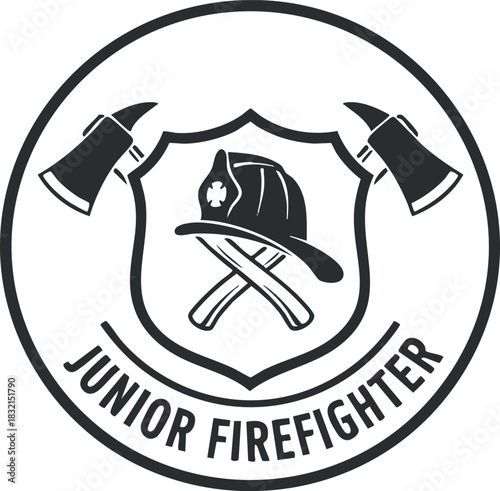 A junior firefighter badge featuring a helmet and crossed axes in clean black and white vector style, ideal for youth fire programs and safety education