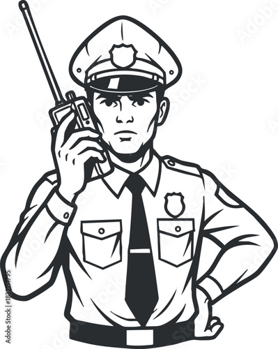 A police officer holding a radio communication device in a black and white outline vector style, suitable for law enforcement graphics