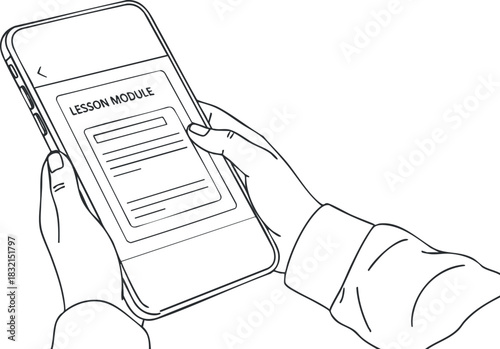 A hand holding a smartphone displaying a lesson module in minimalist outline vector style, suitable for educational technology projects