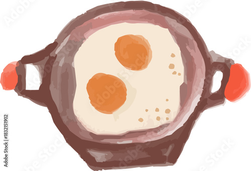 Watercolor Sketchy Two Fried Eggs in Frying Pan Breakfast